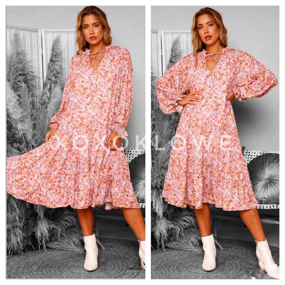 Boho Retro Floral Print Midi Dress Long Sleeves Tiered Skirt - Picture 3 of 12